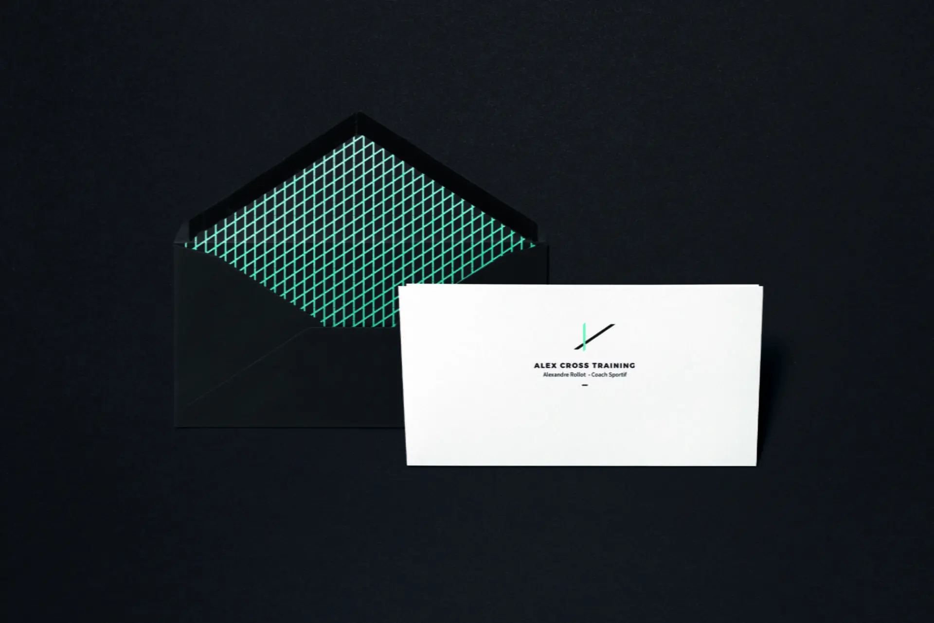 Enveloppe noire à motif vert menthe et carte de correspondance Alex Cross Training