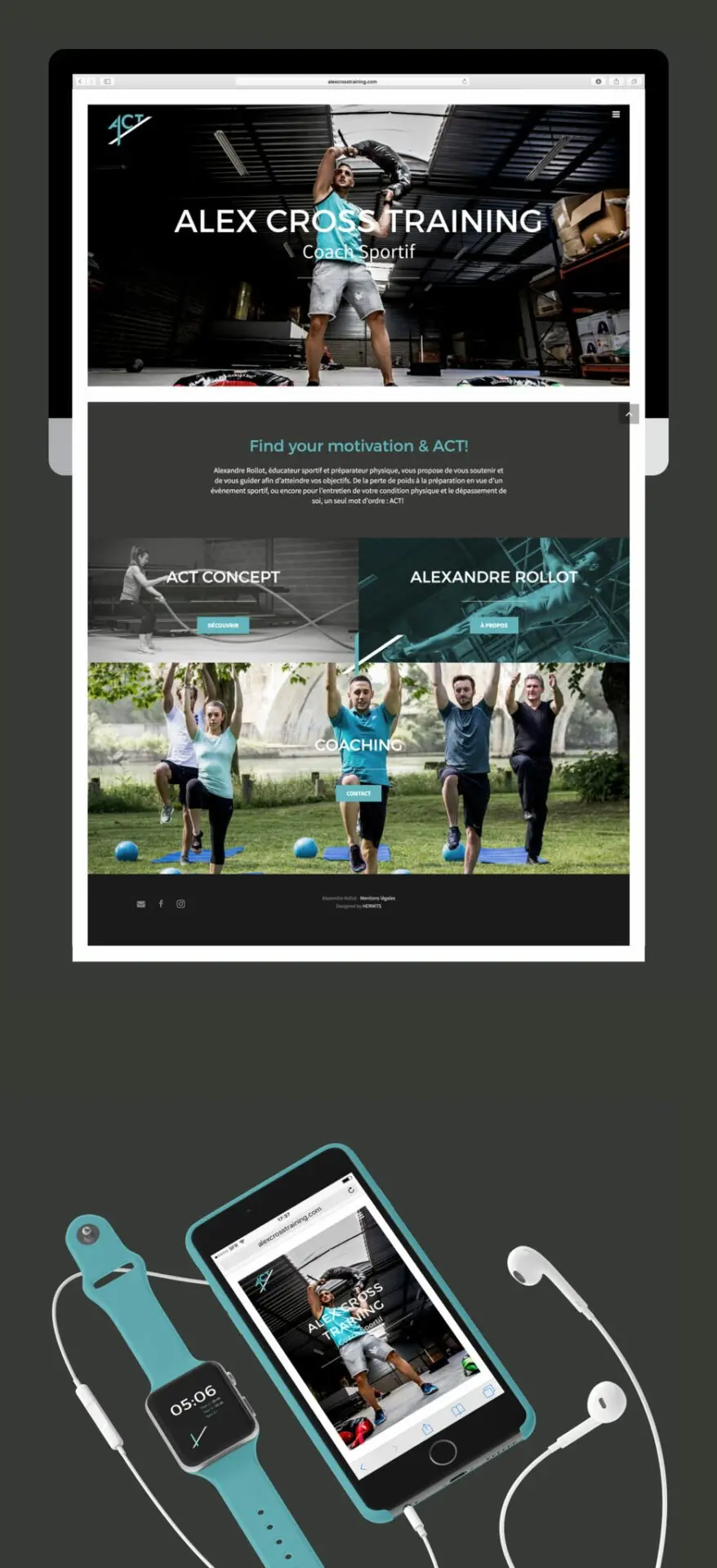 Site web d'Alex Cross Training décliné sur ordinateur, iPhone et Apple Watch