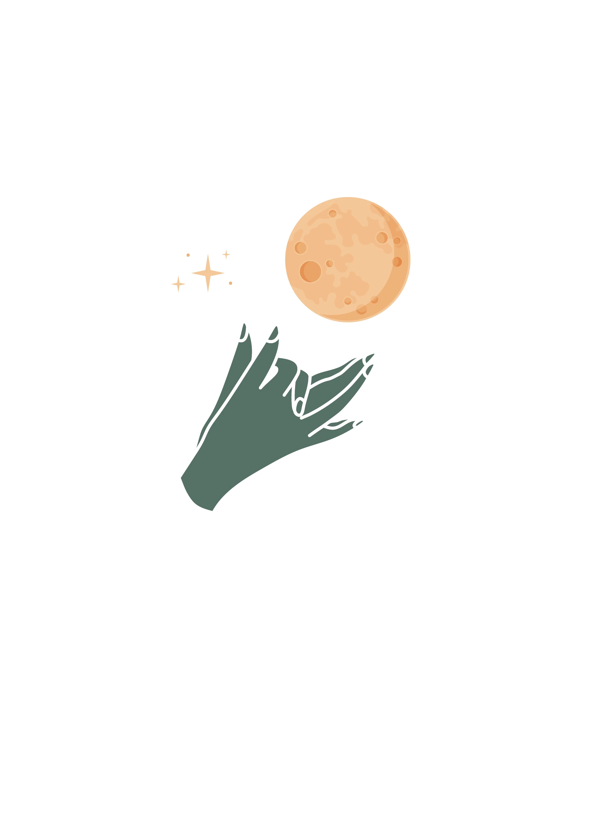 Illustration de main verte tenant une lune orangée, emblème de Charlotte Guyot