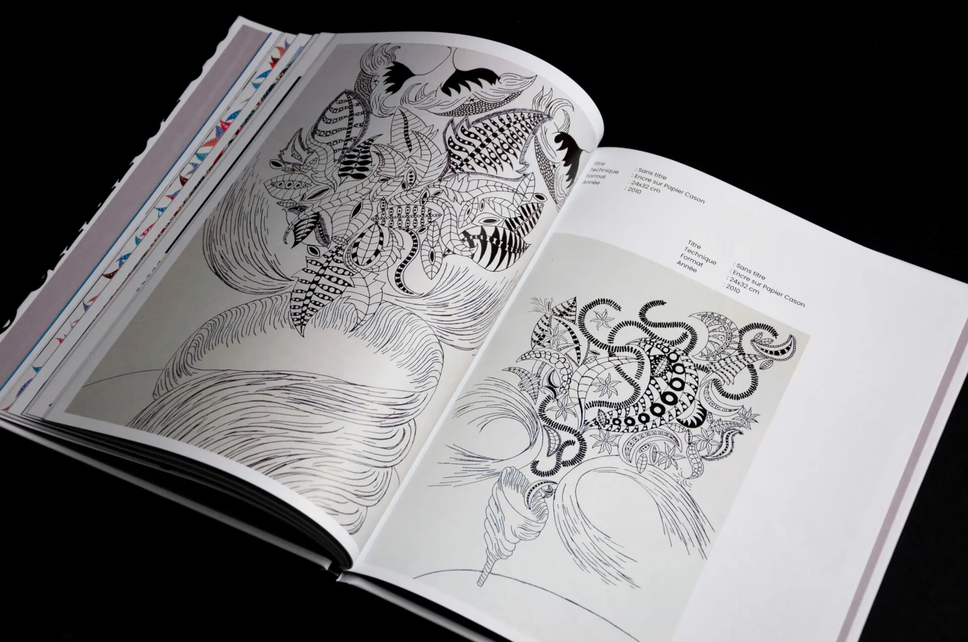 Double page de dessins à l'encre noire de Rachid Boukharta