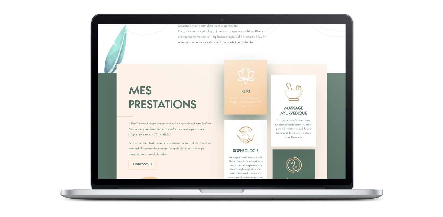 Page prestations du site Charlotte Guyot : sophrologie, reiki et massage ayurvédique