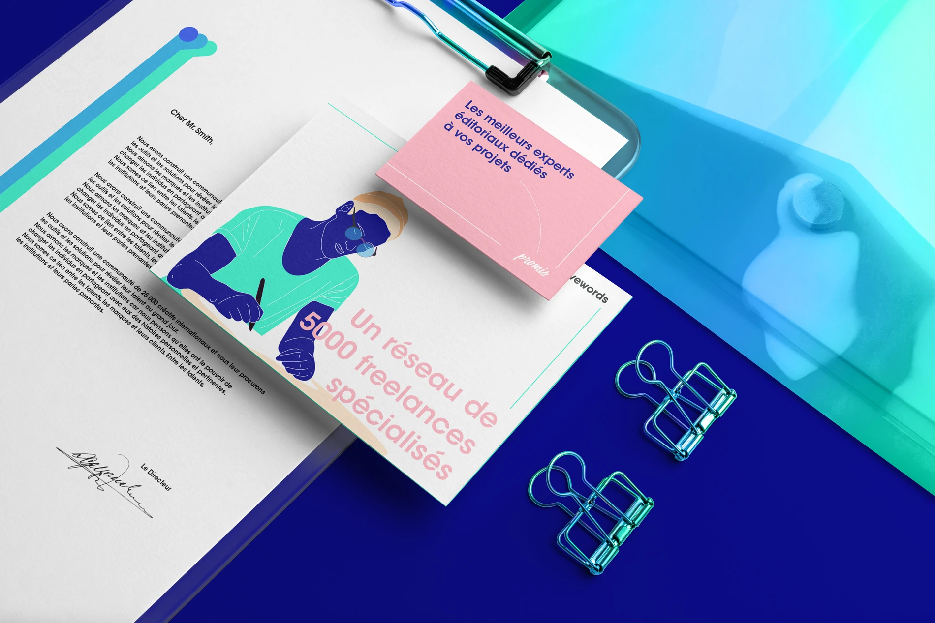 Courrier et cartes YouLoveWords sous clipboard, identité visuelle par HERMITS