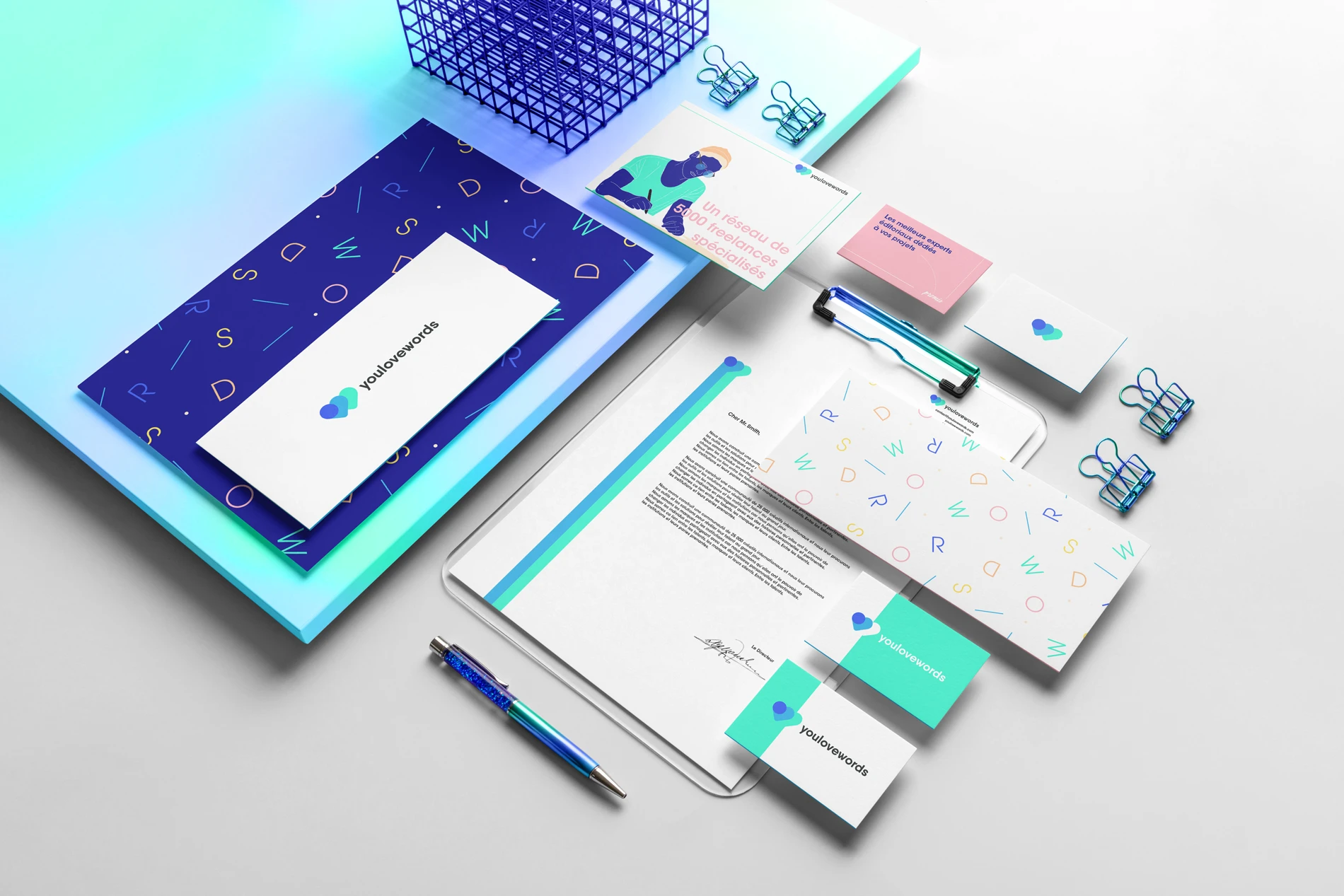 Papeterie complète YouLoveWords, mockups bleu et turquoise par HERMITS