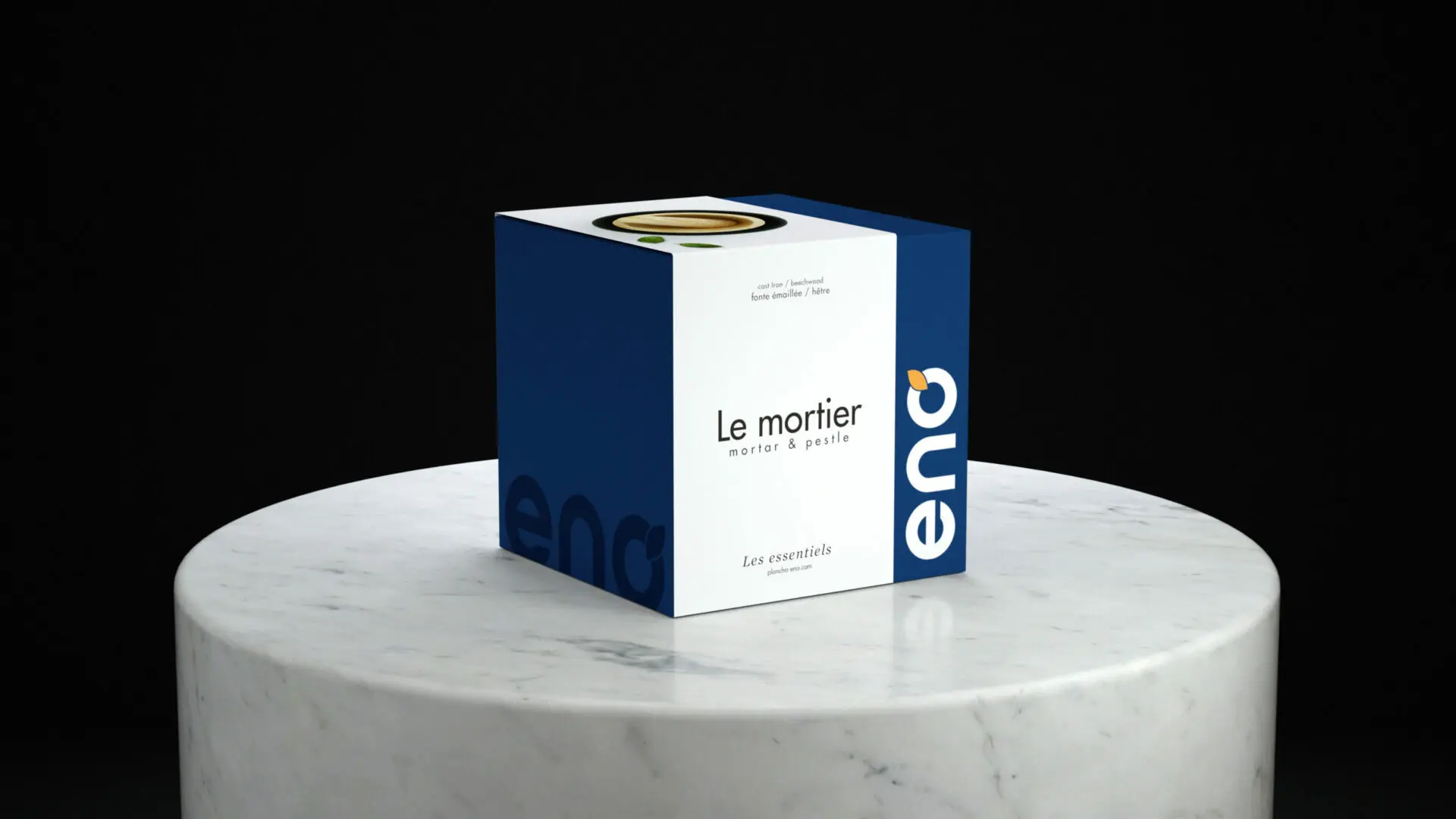 Boîte Le mortier ENO sur socle en marbre, packaging issu du rebranding de la marque française