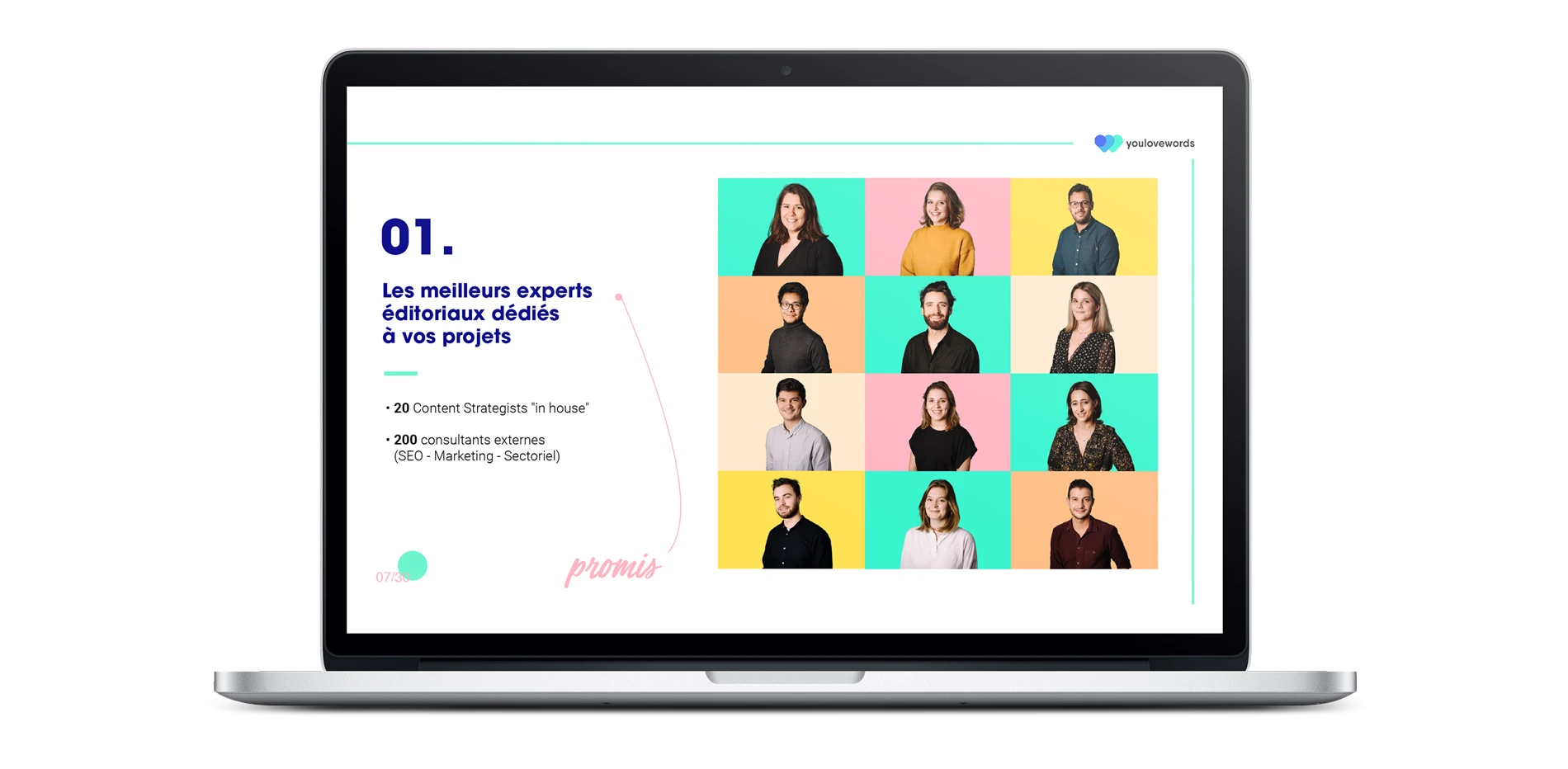 Slide YouLoveWords présentant les experts éditoriaux en portraits colorés