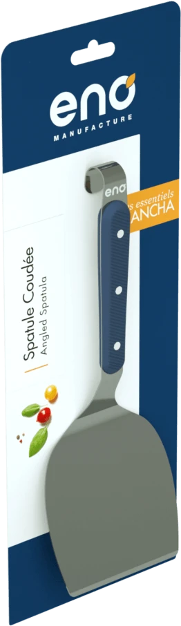 Spatule coudée ENO présentée sur un support de vente bleu et blanc avec le logo et des informations sur le produit.