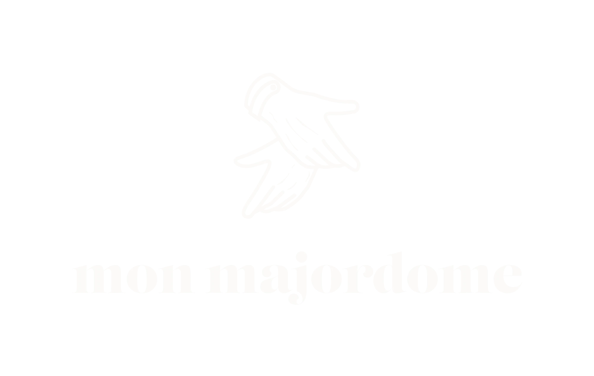 Logo Mon Majordome blanc, avec deux mains gantées croisées au-dessus du nom en lettres minuscules.
