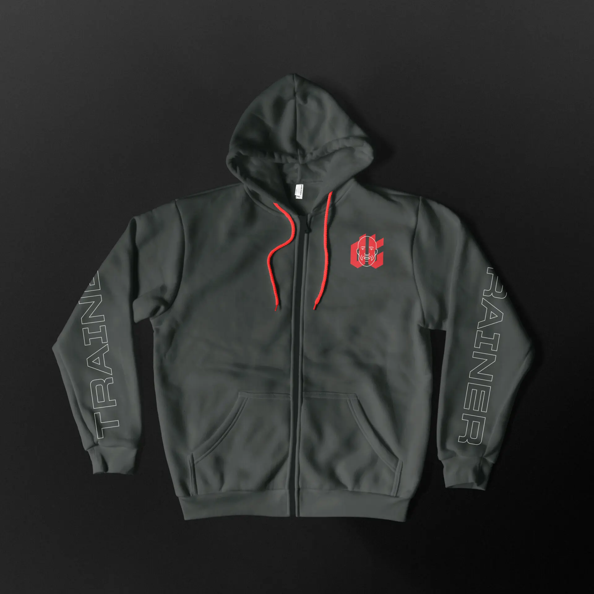 Sweat à capuche gris foncé DT Trainer, marqué d’un logo rouge sur la poitrine et de lettres en contour sur les manches.