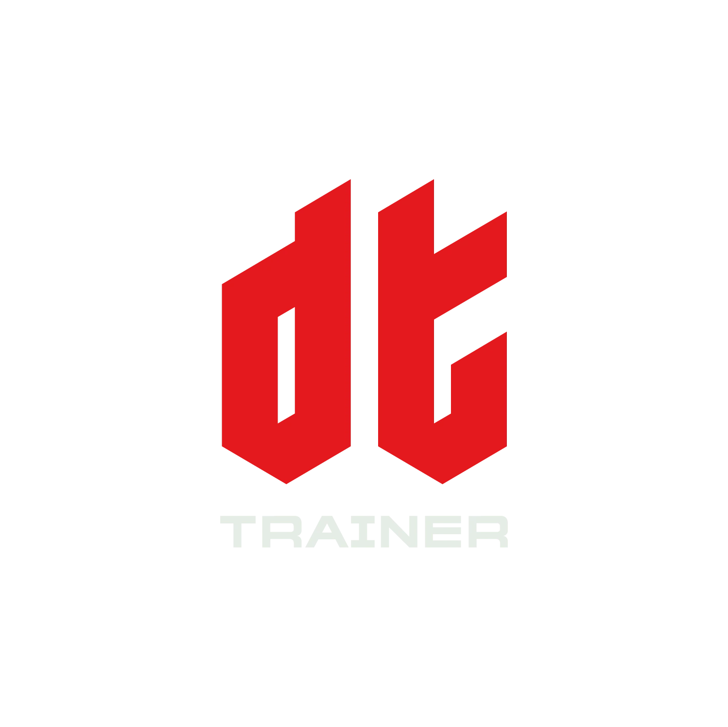 Logo DT Trainer avec un monogramme dt rouge aux coupes obliques et le mot Trainer blanc en dessous.