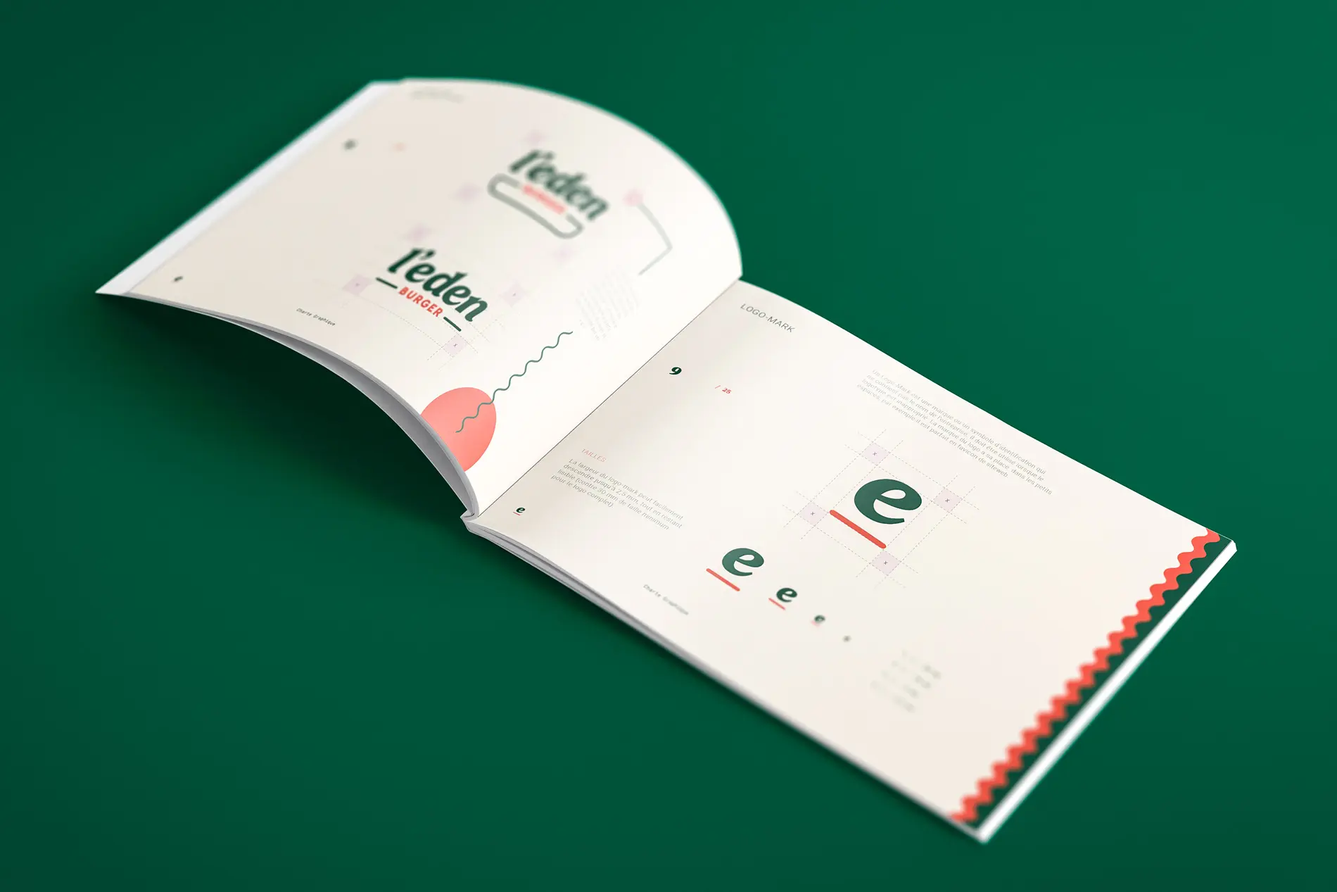 Double page de la charte L’Eden Burger montrant les versions du logo et du monogramme sur un fond vert.