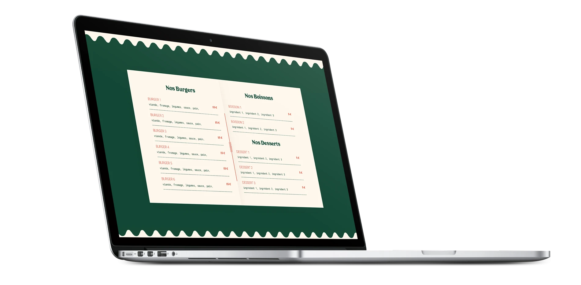 Maquette du menu du site L’Eden Burger sur un ordinateur portable, avec les catégories et les prix sur fond crème entouré de vert.