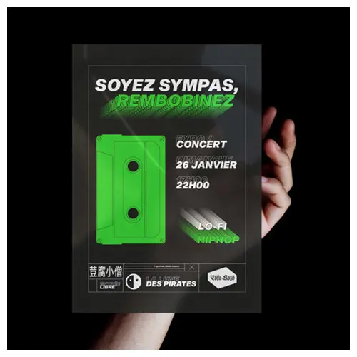 Affiche verte « Soyez sympas, rembobinez » pour La Lune des Pirates