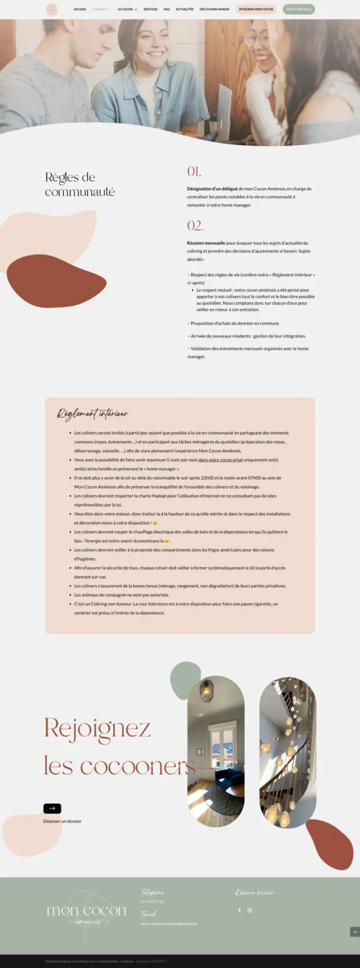 Page des règles de communauté, avec une photographie d’habitants réunis, des rubriques de texte et une invitation à rejoindre la maison.