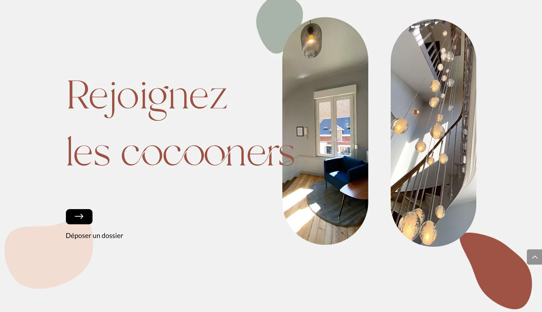 Page Mon Cocon Amiénois avec le texte Rejoignez les cocooners, deux photographies verticales de la maison et des formes aux couleurs douces.