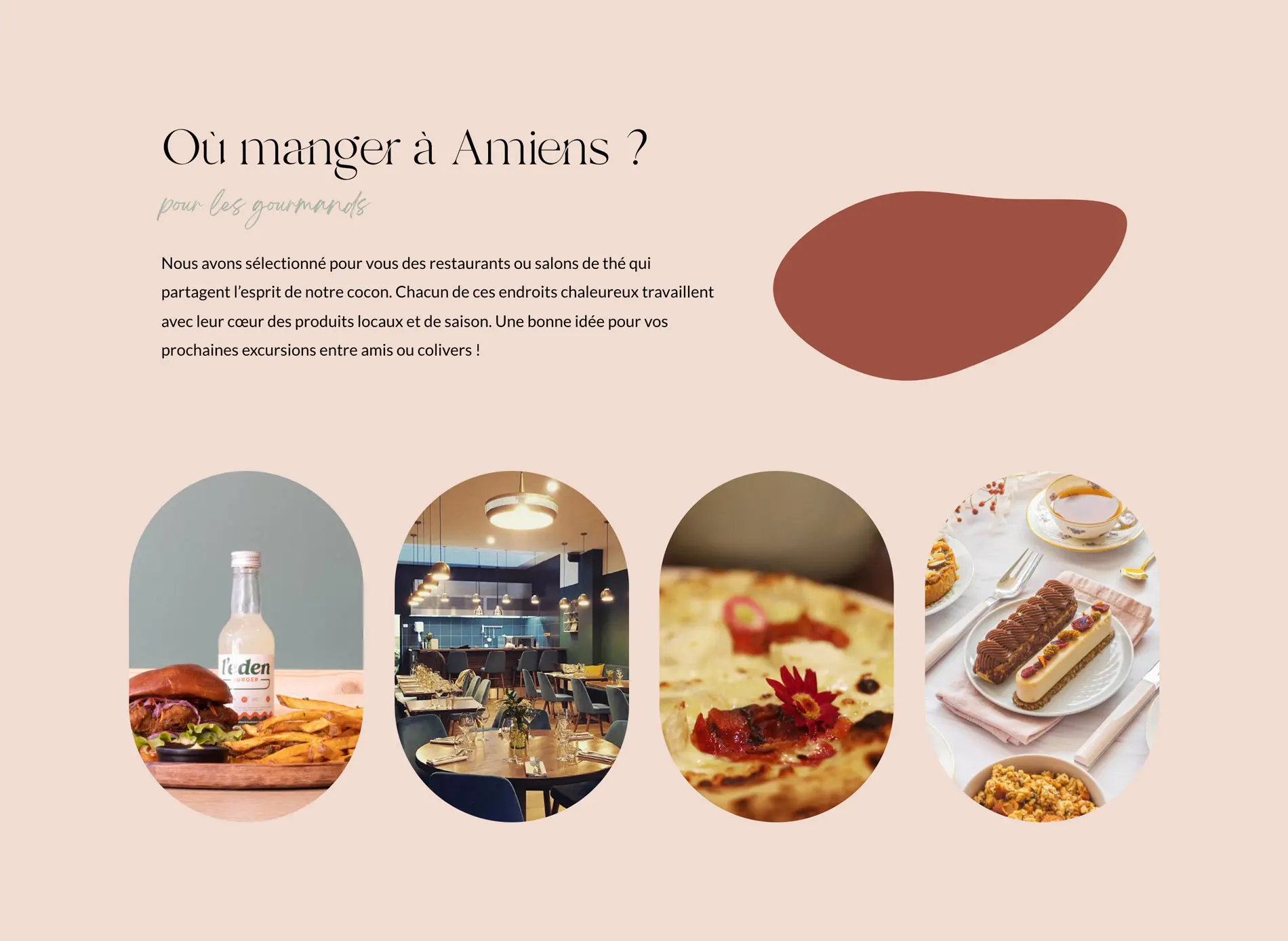 Capture d’une page de découverte des environs, sur fond rose poudré, avec quatre photographies arrondies de restaurants et de plats.