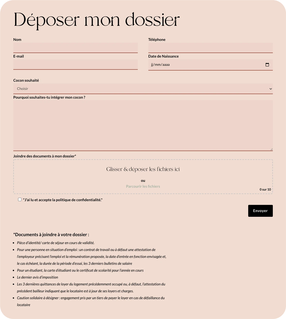 Formulaire vide de candidature Mon Cocon Amiénois, avec les coordonnées, le choix du cocon, un champ de motivation et une zone de pièces jointes.
